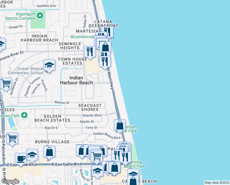 map of restaurants, bars, coffee shops, grocery stores, and more near 503 Florida A1A in Indian Harbour Beach