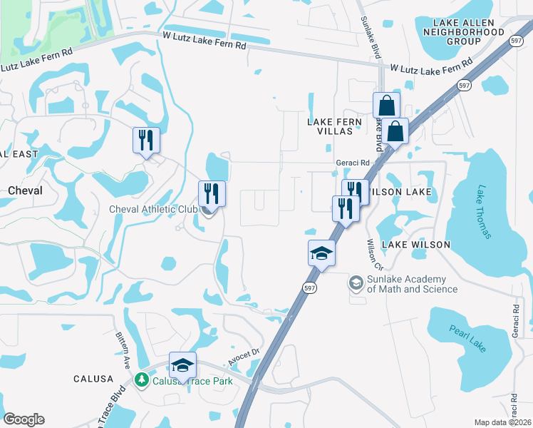 map of restaurants, bars, coffee shops, grocery stores, and more near 18825 Cherry Birch Circle in Lutz