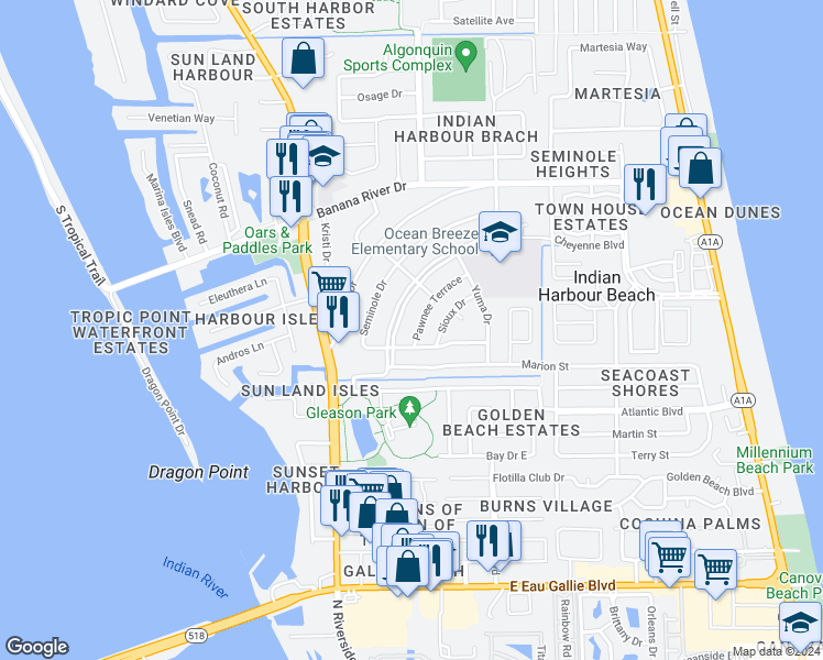 map of restaurants, bars, coffee shops, grocery stores, and more near 1212 Pawnee Terrace in Satellite Beach
