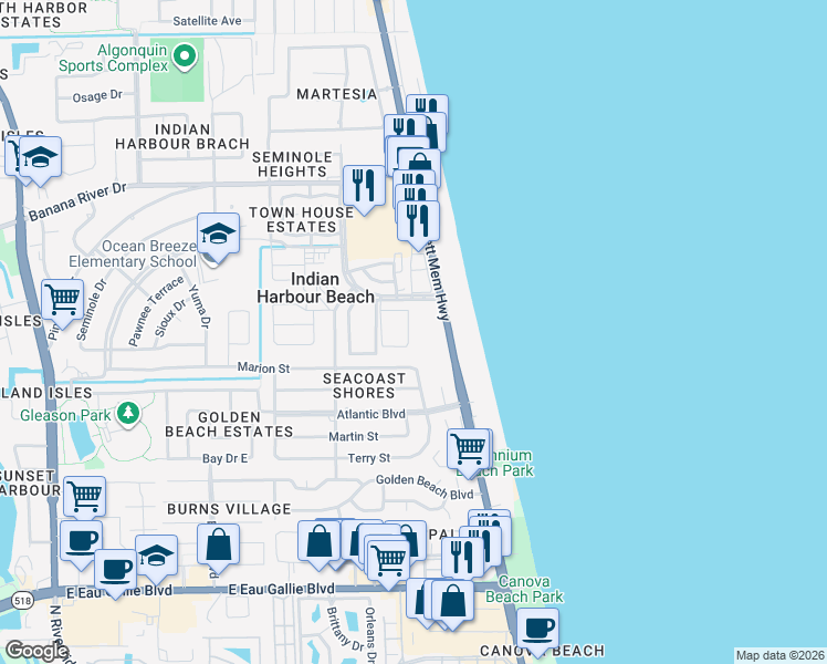 map of restaurants, bars, coffee shops, grocery stores, and more near 125 East Colonial Court in Indian Harbour Beach