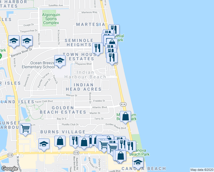 map of restaurants, bars, coffee shops, grocery stores, and more near 125 East Colonial Court in Indian Harbour Beach