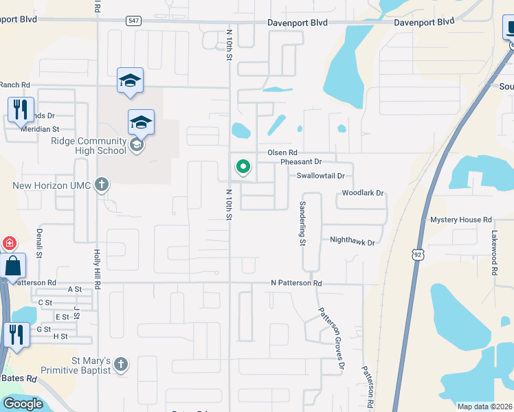 map of restaurants, bars, coffee shops, grocery stores, and more near 710 Greenshank Drive in Haines City