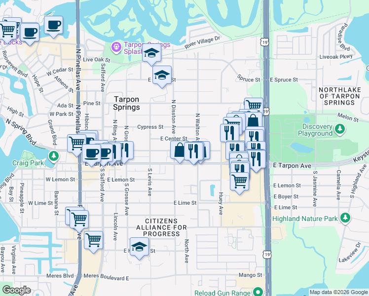 map of restaurants, bars, coffee shops, grocery stores, and more near 635 East Orange Street in Tarpon Springs