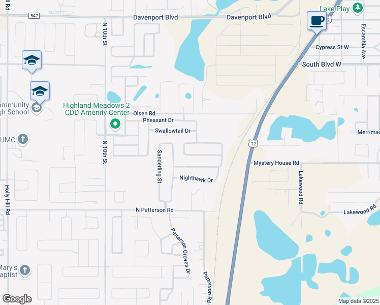 map of restaurants, bars, coffee shops, grocery stores, and more near 960 Woodlark Drive in Haines City