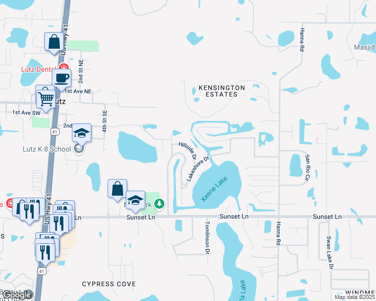 map of restaurants, bars, coffee shops, grocery stores, and more near 915 Hillside Drive in Lutz