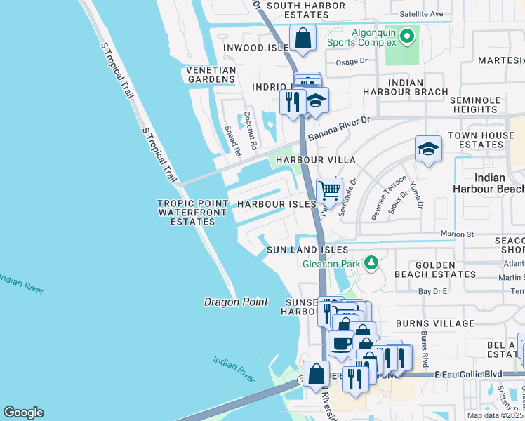 map of restaurants, bars, coffee shops, grocery stores, and more near 513 Bahama Drive in Indian Harbour Beach