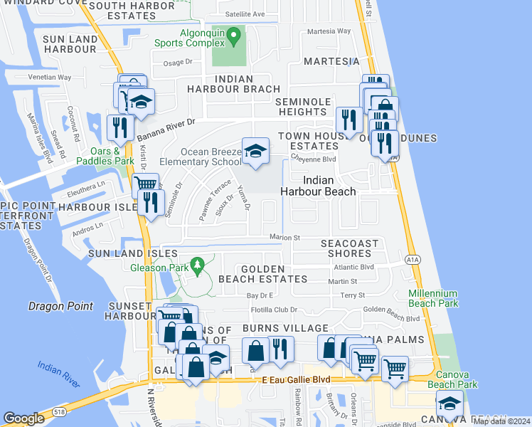 map of restaurants, bars, coffee shops, grocery stores, and more near 355 Eutau Court in Satellite Beach