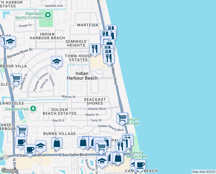 map of restaurants, bars, coffee shops, grocery stores, and more near 145 East Colonial Court in Indian Harbour Beach