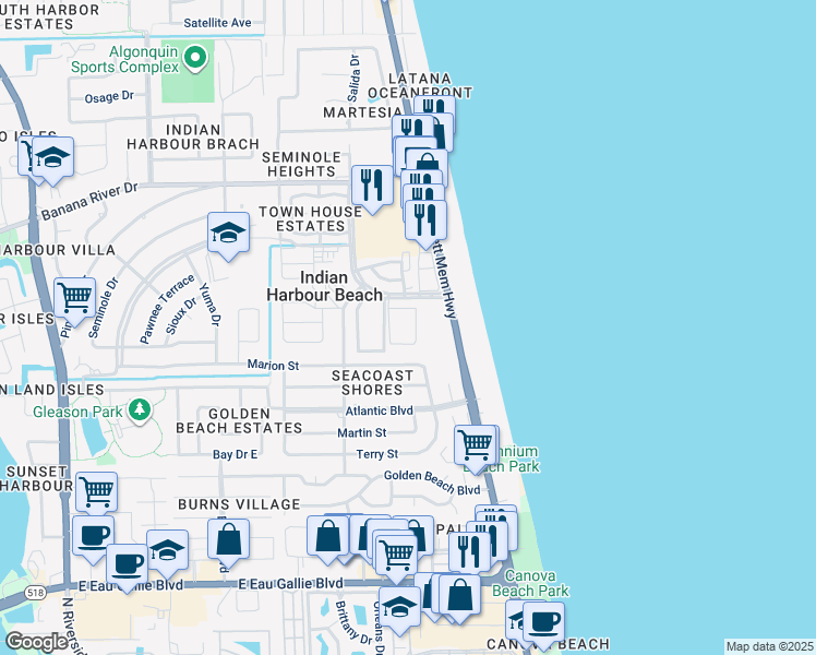 map of restaurants, bars, coffee shops, grocery stores, and more near 125 East Colonial Court in Indian Harbour Beach