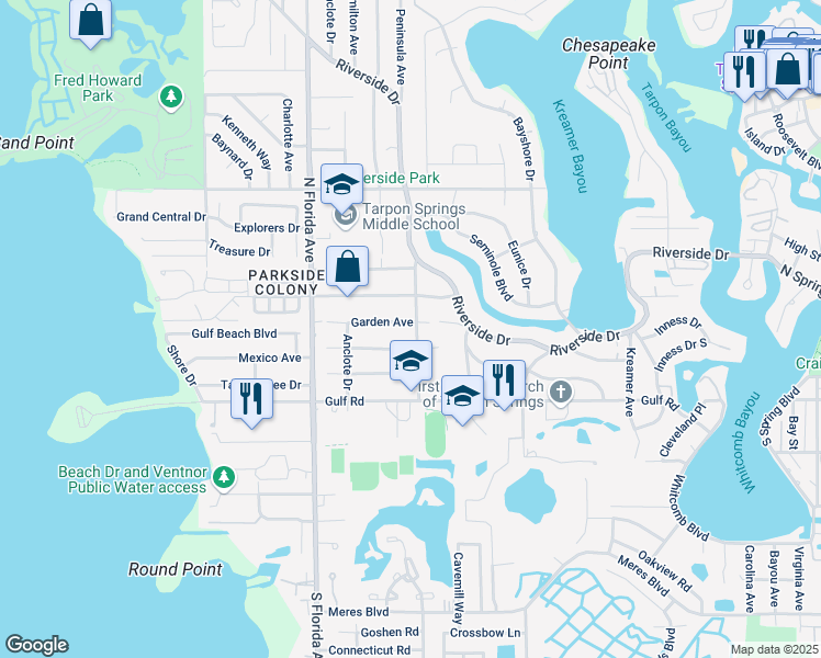 map of restaurants, bars, coffee shops, grocery stores, and more near 1403 Garden Avenue in Tarpon Springs