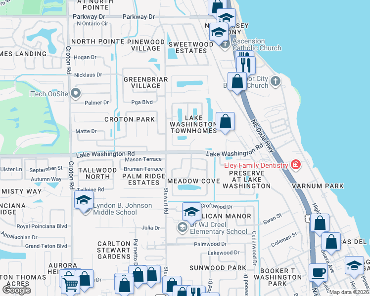 map of restaurants, bars, coffee shops, grocery stores, and more near 1844 Clover Circle in Melbourne