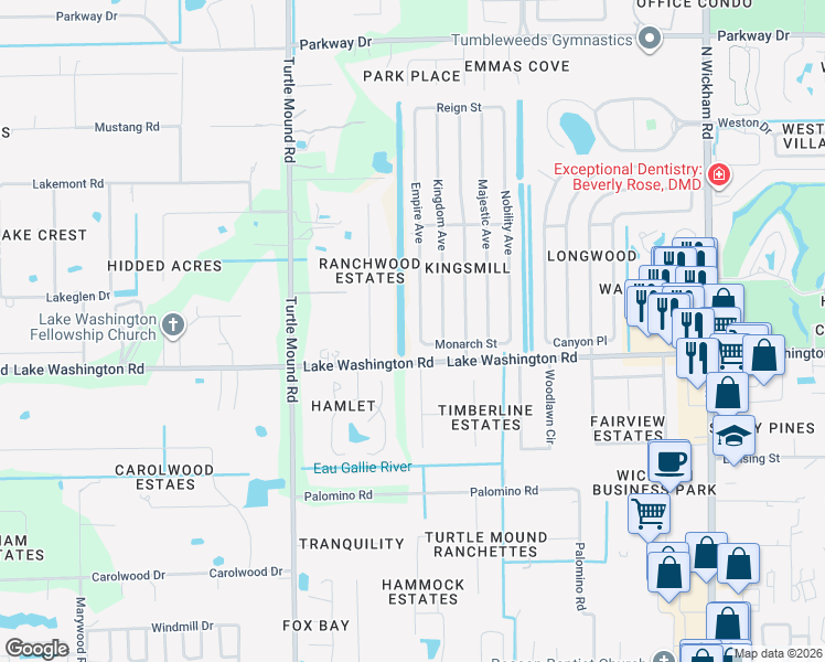 map of restaurants, bars, coffee shops, grocery stores, and more near 2428 Empire Avenue in Melbourne