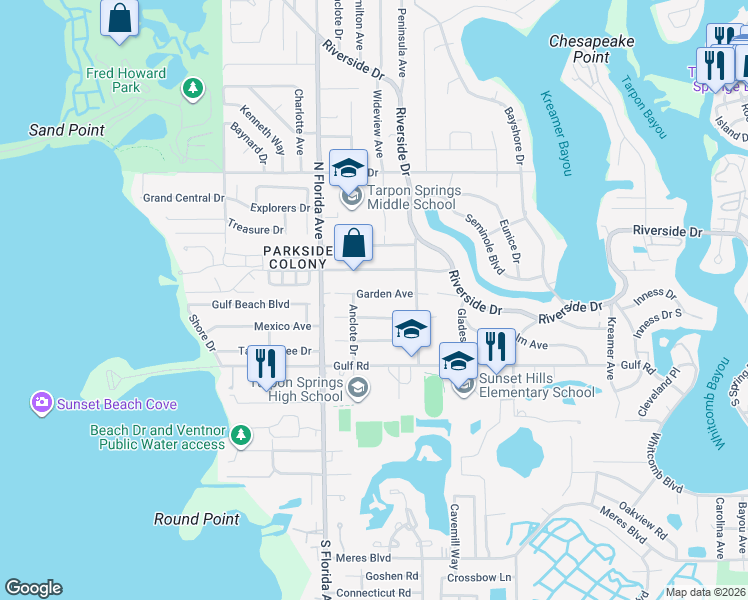 map of restaurants, bars, coffee shops, grocery stores, and more near 1419 Garden Avenue in Tarpon Springs