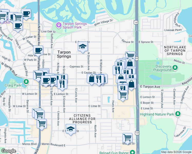 map of restaurants, bars, coffee shops, grocery stores, and more near 635 East Orange Street in Tarpon Springs