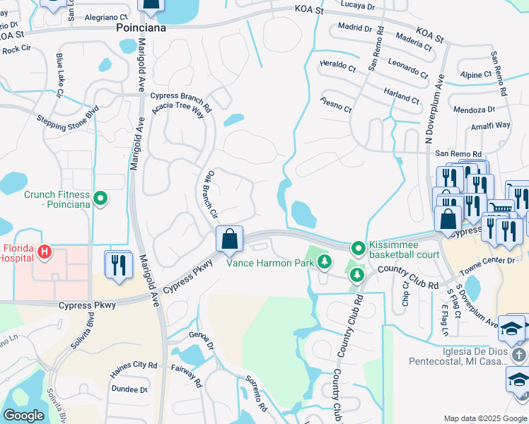 map of restaurants, bars, coffee shops, grocery stores, and more near 503 Oak Branch Court in Kissimmee