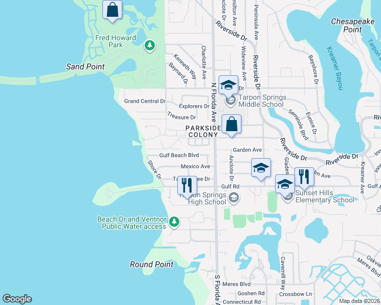 map of restaurants, bars, coffee shops, grocery stores, and more near 1612 Gulf Beach Boulevard in Tarpon Springs