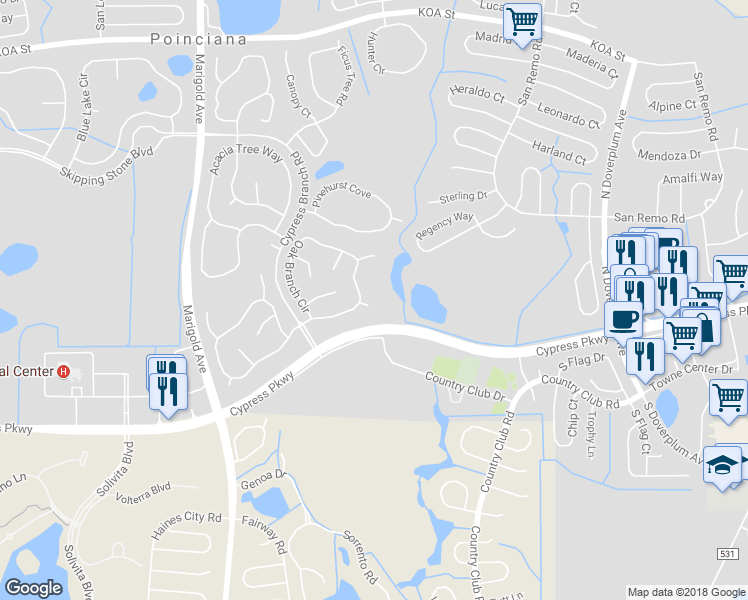 map of restaurants, bars, coffee shops, grocery stores, and more near 503 Oak Branch Court in Kissimmee