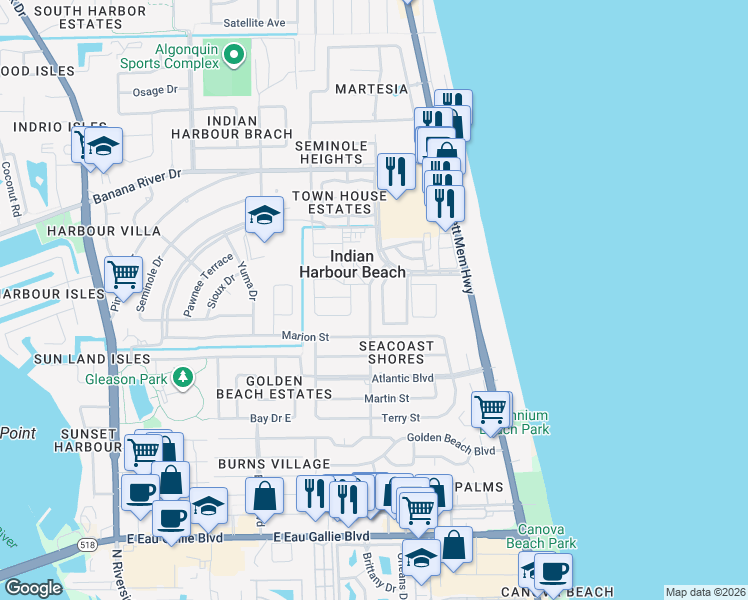 map of restaurants, bars, coffee shops, grocery stores, and more near 515 Ronnie Drive in Indian Harbour Beach