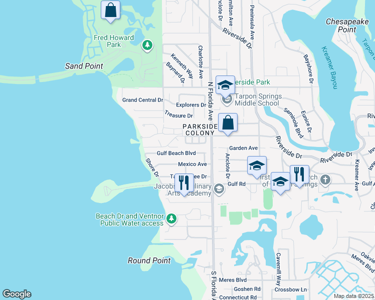 map of restaurants, bars, coffee shops, grocery stores, and more near 1612 Gulf Beach Boulevard in Tarpon Springs