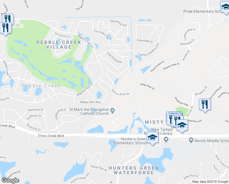 map of restaurants, bars, coffee shops, grocery stores, and more near 9608 Cypress Brook Road in Tampa