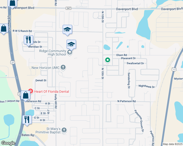 map of restaurants, bars, coffee shops, grocery stores, and more near 361 Willet Street in Haines City