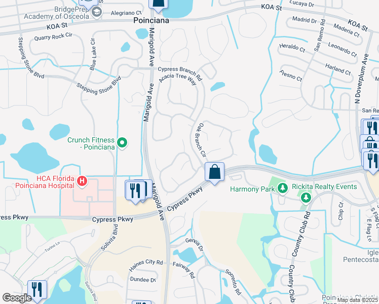 map of restaurants, bars, coffee shops, grocery stores, and more near 417 Peppermill Circle in Kissimmee