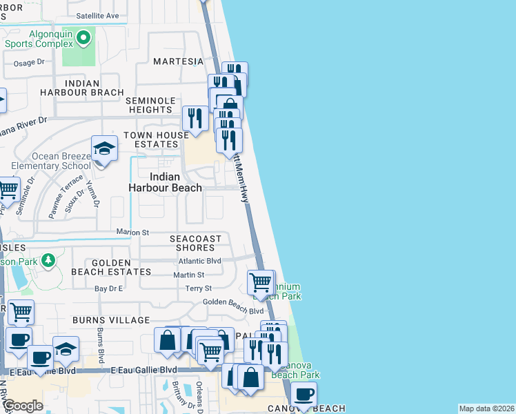 map of restaurants, bars, coffee shops, grocery stores, and more near 503 Florida A1A in Indian Harbour Beach