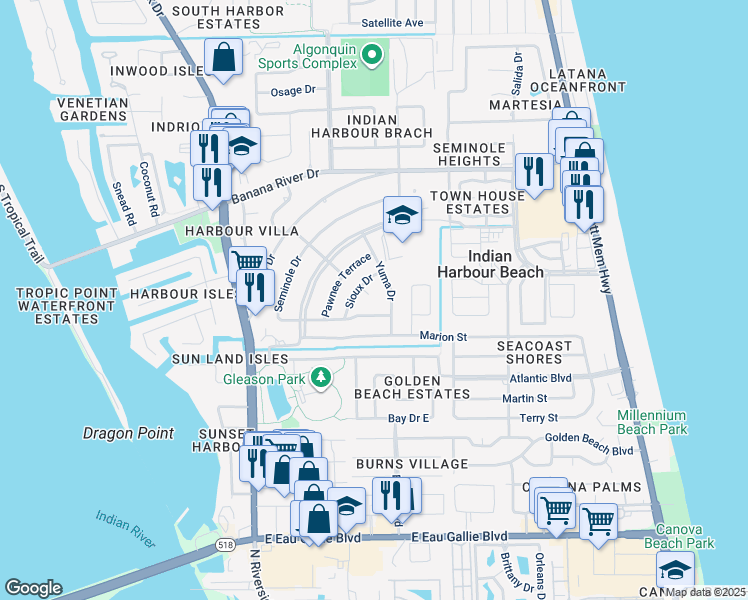 map of restaurants, bars, coffee shops, grocery stores, and more near 30 Sioux Court in Satellite Beach