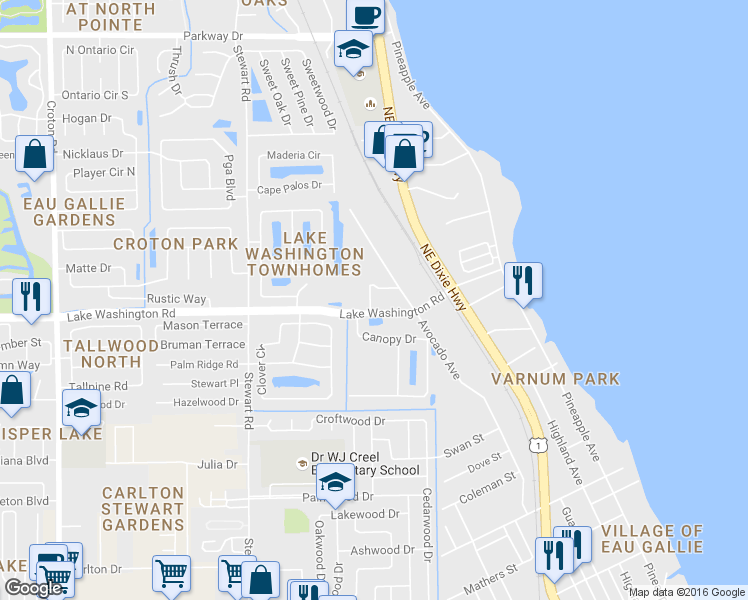 map of restaurants, bars, coffee shops, grocery stores, and more near 1318 Lake Washington Road in Melbourne