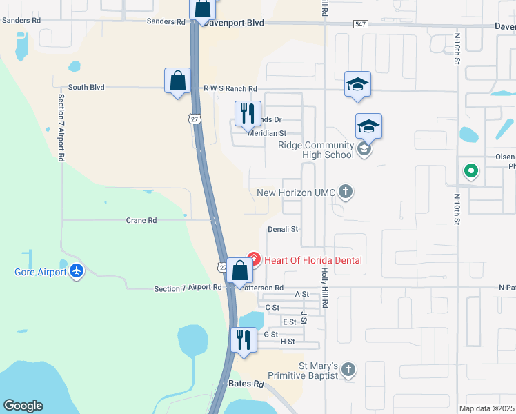 map of restaurants, bars, coffee shops, grocery stores, and more near 1160 Catskill Drive in Haines City