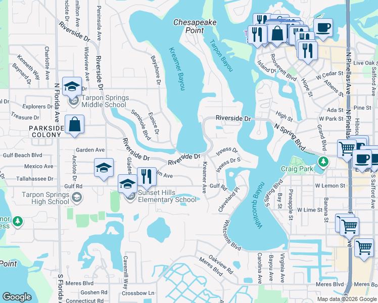 map of restaurants, bars, coffee shops, grocery stores, and more near 530 Riverside Drive in Tarpon Springs