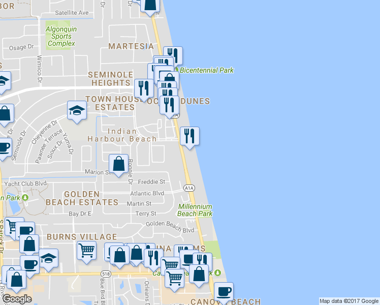 map of restaurants, bars, coffee shops, grocery stores, and more near 503 Florida A1A in Indian Harbour Beach
