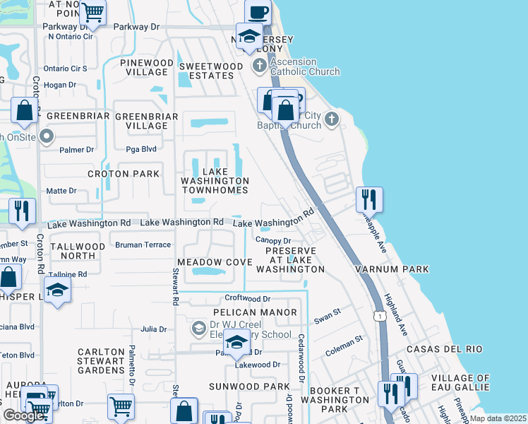 map of restaurants, bars, coffee shops, grocery stores, and more near 1318 Lake Washington Road in Melbourne