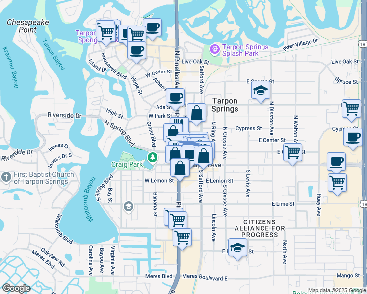map of restaurants, bars, coffee shops, grocery stores, and more near 11 East Orange Street in Tarpon Springs