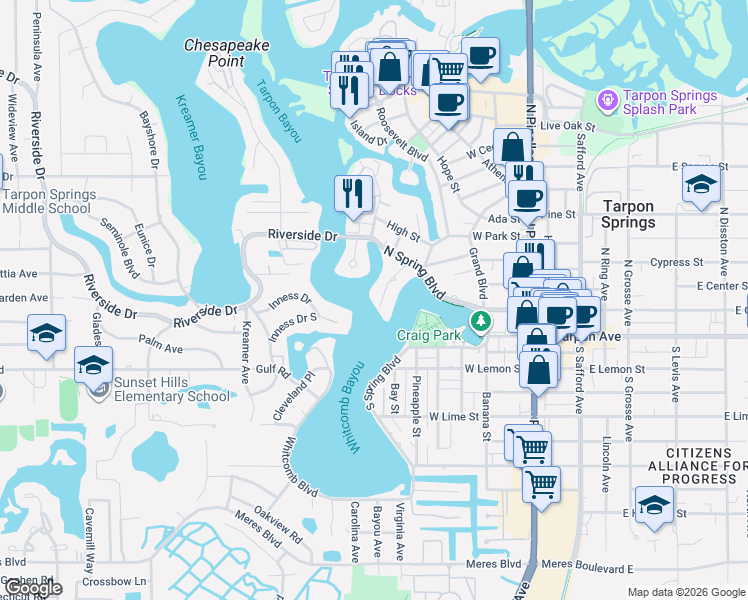 map of restaurants, bars, coffee shops, grocery stores, and more near 62 Central Court in Tarpon Springs