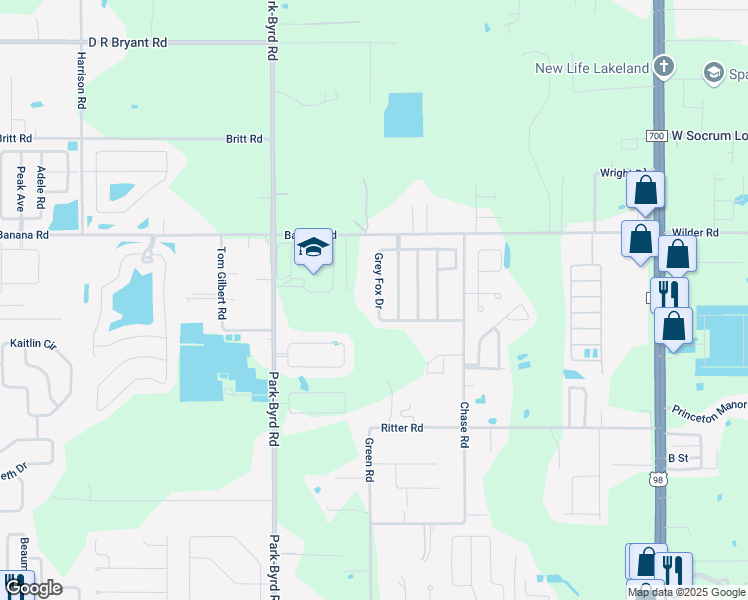 map of restaurants, bars, coffee shops, grocery stores, and more near 1774 Grey Fox Drive in Lakeland
