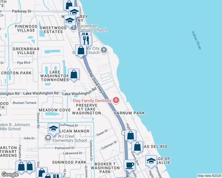 map of restaurants, bars, coffee shops, grocery stores, and more near 1045 Sea Grape Drive in Melbourne