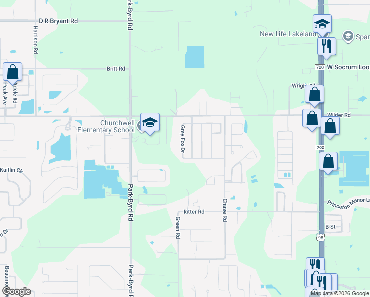 map of restaurants, bars, coffee shops, grocery stores, and more near 1773 Grey Fox Drive in Lakeland