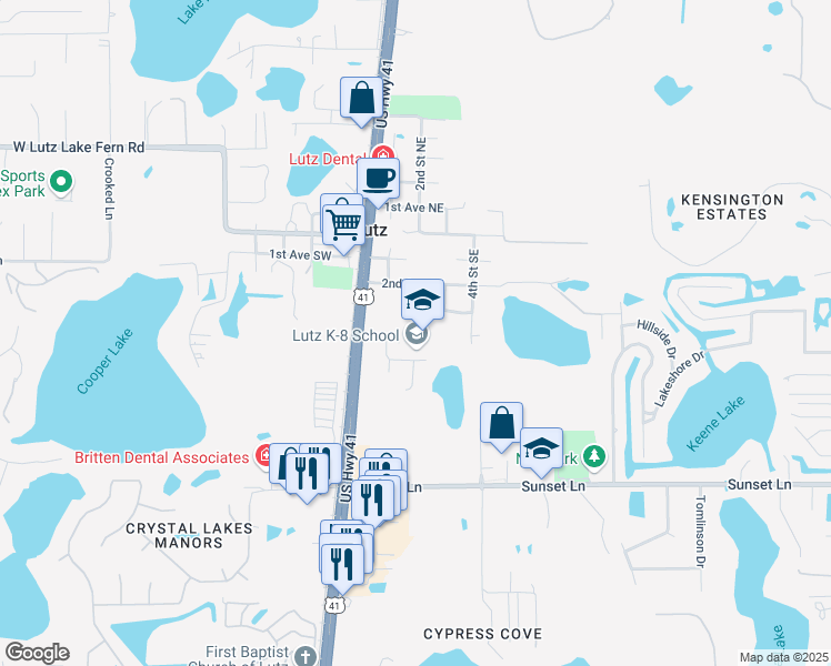map of restaurants, bars, coffee shops, grocery stores, and more near 202 5th Avenue Southeast in Lutz