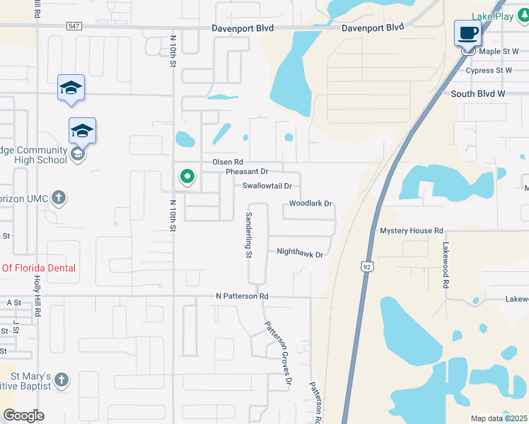 map of restaurants, bars, coffee shops, grocery stores, and more near 2900 Sanderling Street in Haines City