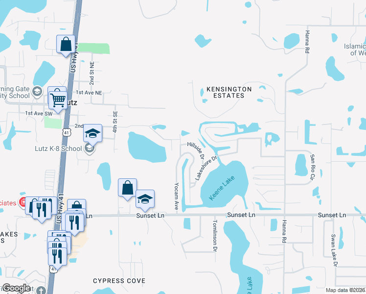 map of restaurants, bars, coffee shops, grocery stores, and more near 901 Hillside Drive in Lutz
