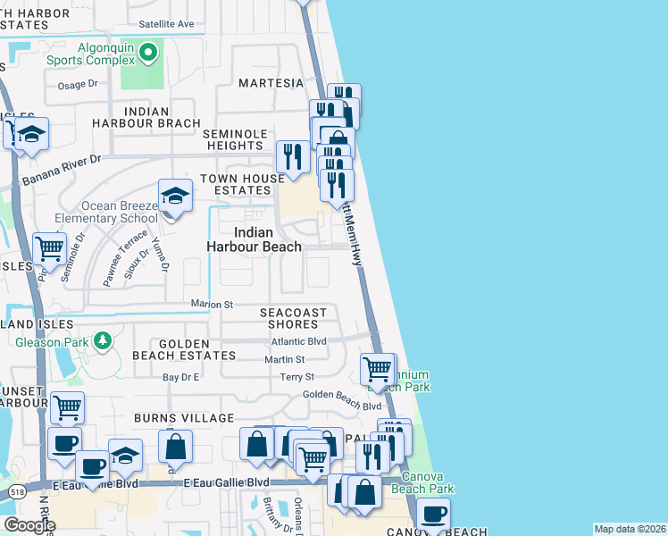 map of restaurants, bars, coffee shops, grocery stores, and more near 125 East Colonial Court in Indian Harbour Beach