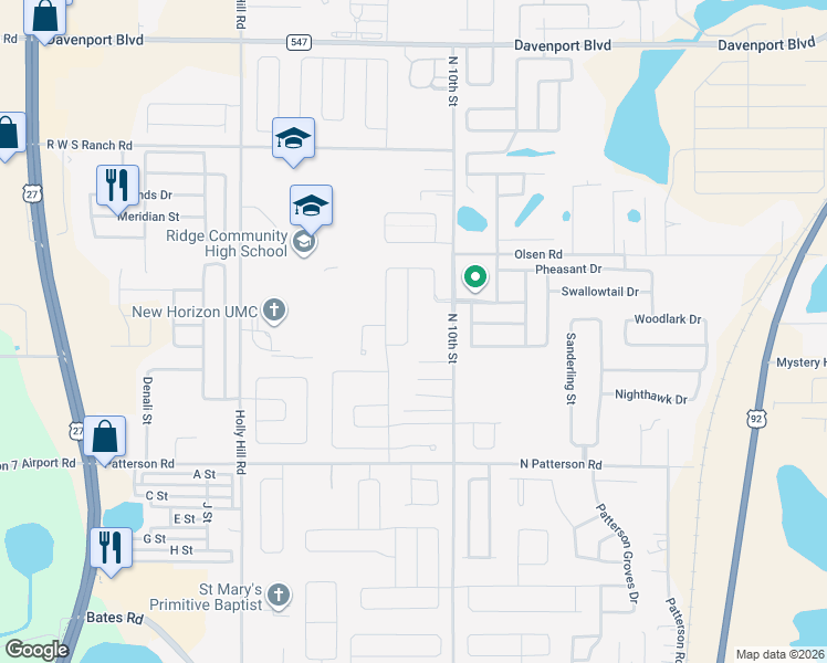 map of restaurants, bars, coffee shops, grocery stores, and more near 361 Willet Street in Haines City