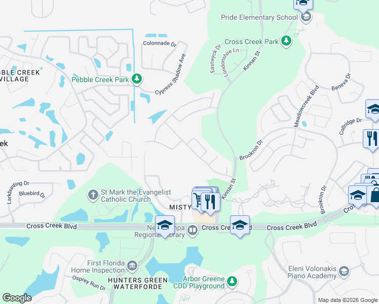 map of restaurants, bars, coffee shops, grocery stores, and more near 10009 Kingshyre Way in Tampa