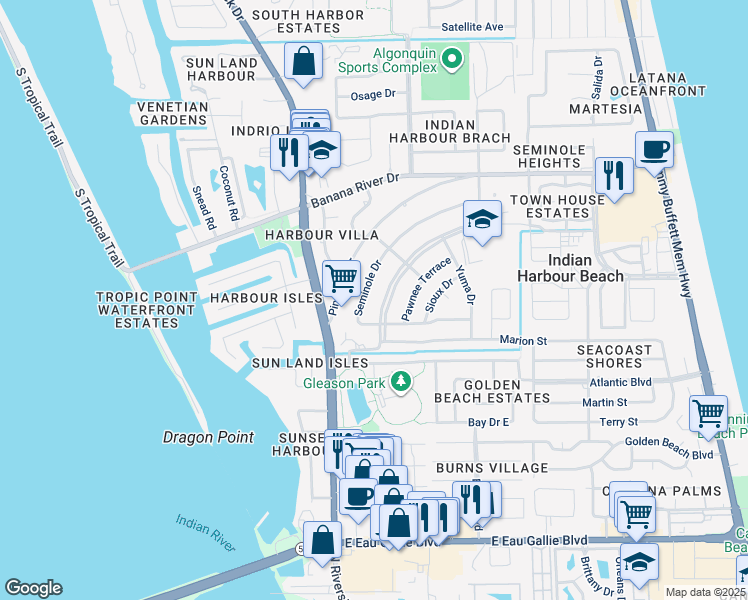 map of restaurants, bars, coffee shops, grocery stores, and more near 1222 Cheyenne Drive in Indian Harbour Beach