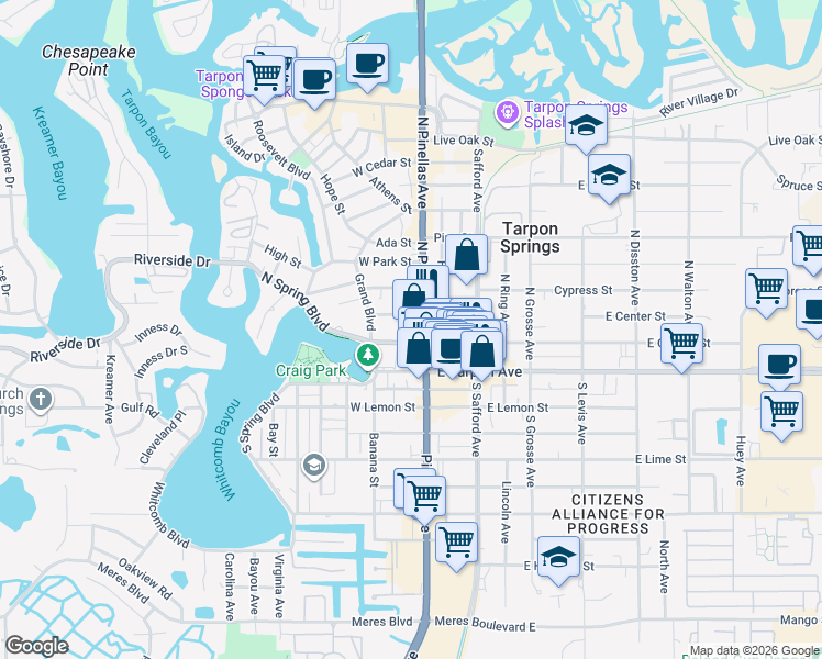 map of restaurants, bars, coffee shops, grocery stores, and more near 18 West Orange Street in Tarpon Springs