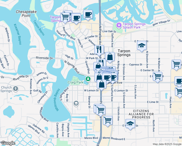 map of restaurants, bars, coffee shops, grocery stores, and more near 34 West Orange Street in Tarpon Springs