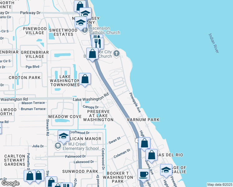 map of restaurants, bars, coffee shops, grocery stores, and more near 1075 Sea Grape Drive in Melbourne