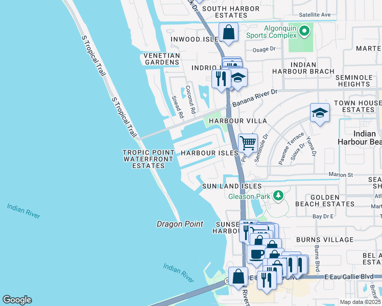 map of restaurants, bars, coffee shops, grocery stores, and more near 513 Bahama Drive in Indian Harbour Beach