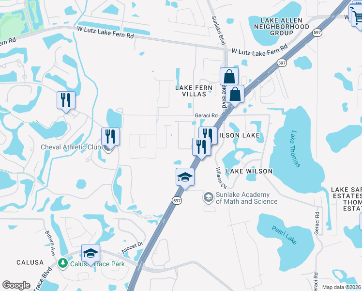 map of restaurants, bars, coffee shops, grocery stores, and more near 18707 Noble Caspian Drive in Lutz